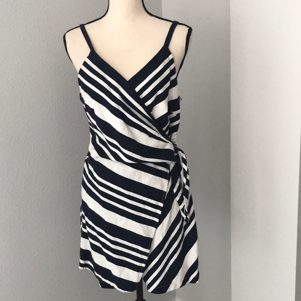 MSK Women Linen Blend V Neckline Wrap Striped Blue Summer Romper | L